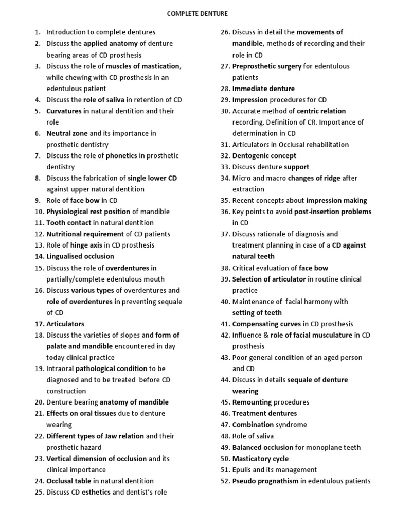 Mds Questions Dentures Medicine