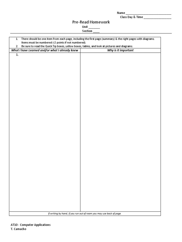 Pre-Read Homework Form | PDF