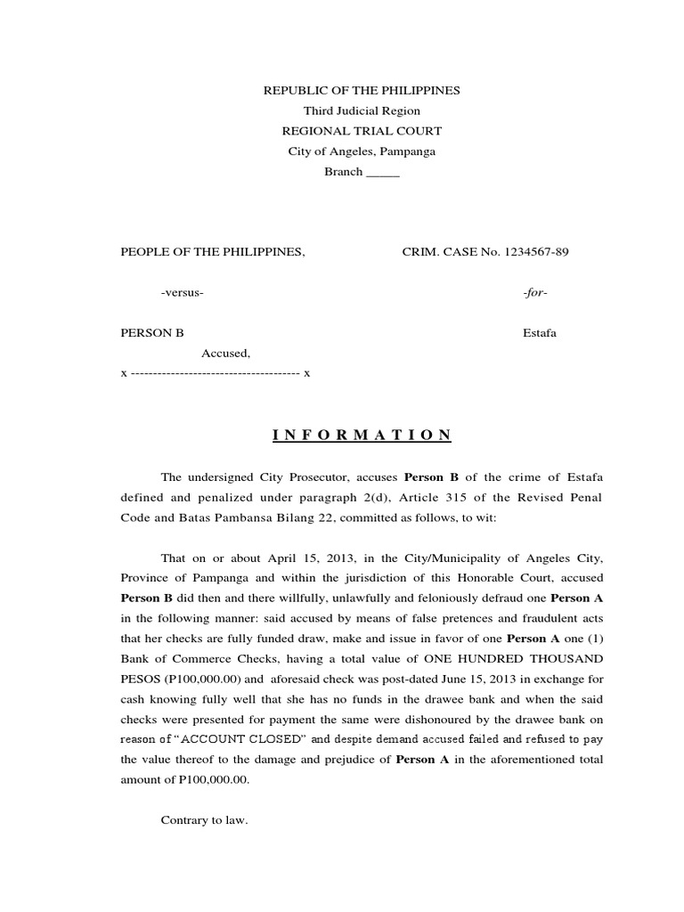 Information: Person B Did Then and There Willfully, Unlawfully and ...