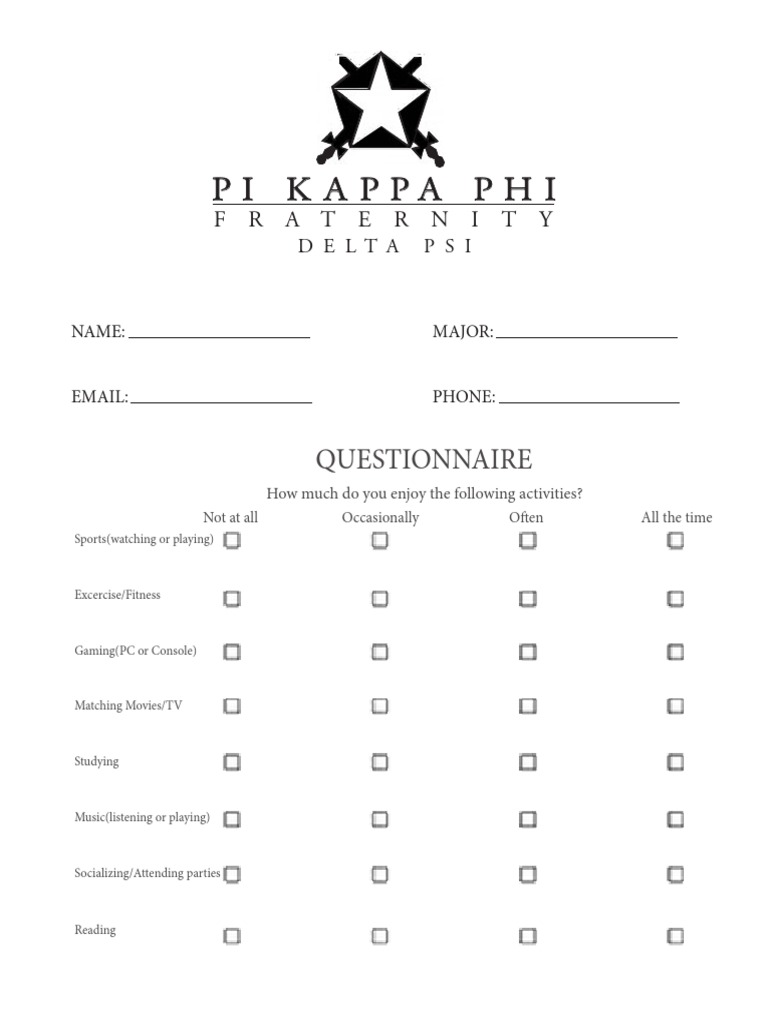 Delta Psi Fraternity Activity Questionnaire | PDF