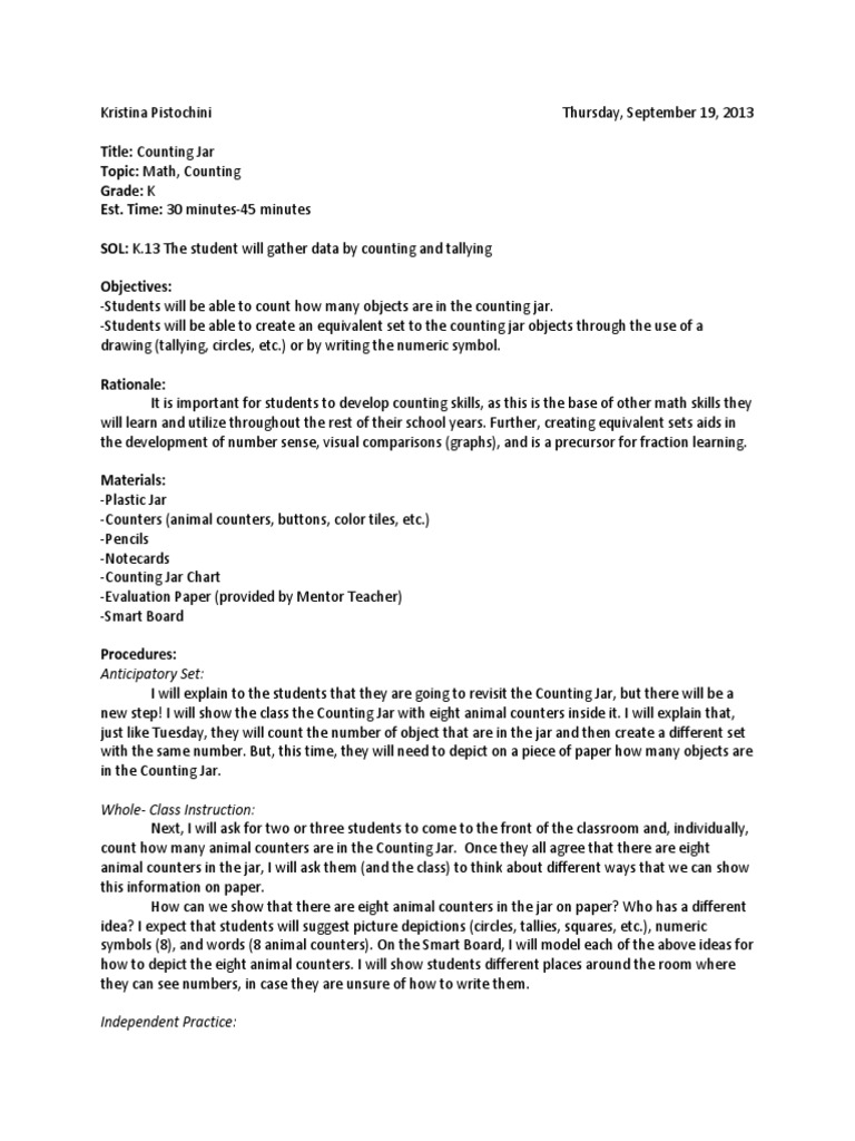 ST Counting Jar Lesson With Assessment PDF Quality Of Life