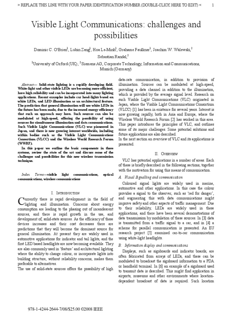 VLC Challeng and Possibilities | PDF | Light Emitting Diode | Lighting