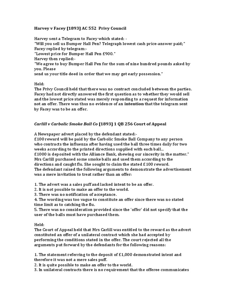 Contract Law Offer & Acceptance Cases PDF Offer And Acceptance