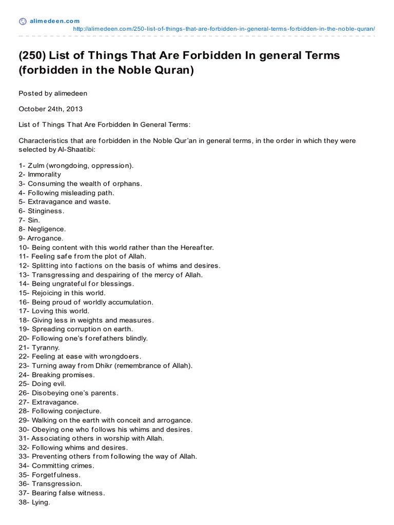 A Comprehensive List of Things Forbidden in the Noble Quran From Oppression to Hypocrisy PDF