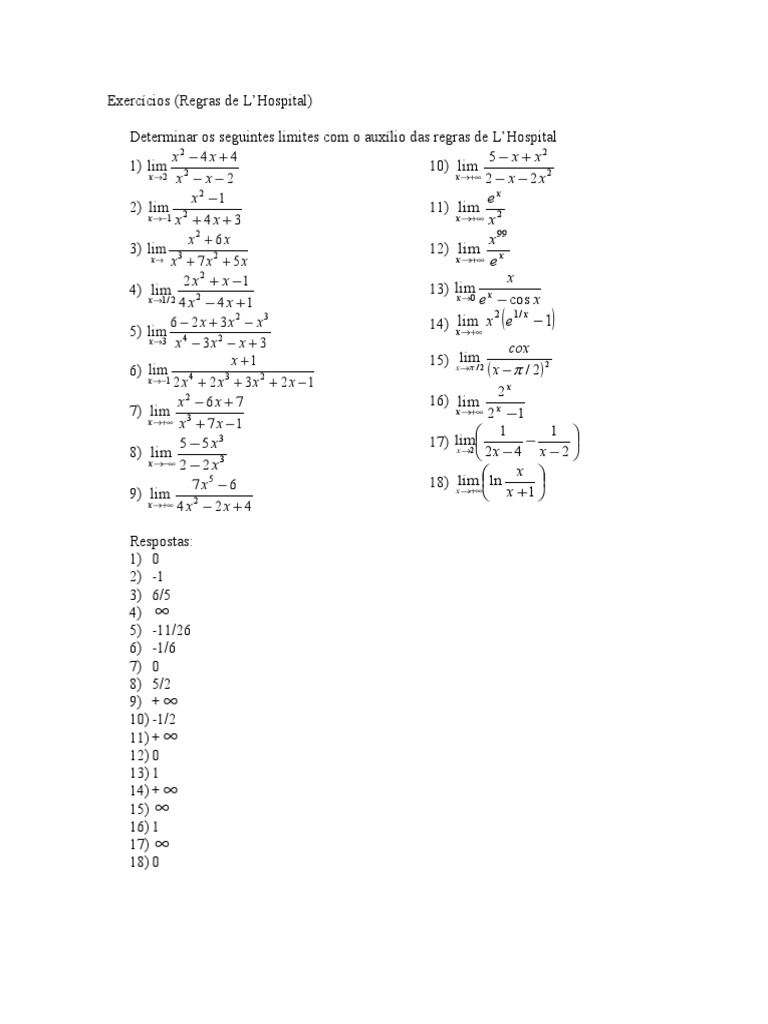 Exercícios de L'Hospital: Limites e Soluções | PDF | Teaching Methods ...