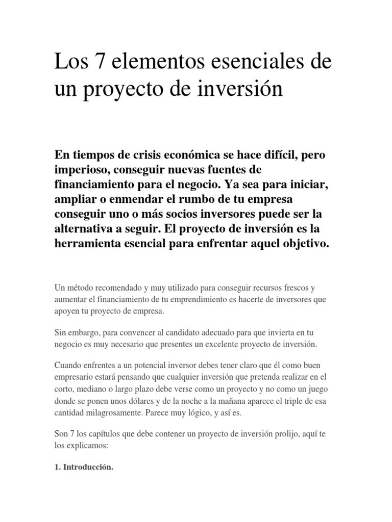 Elementos Clave de un Proyecto de Inversión | PDF | Presupuesto ...
