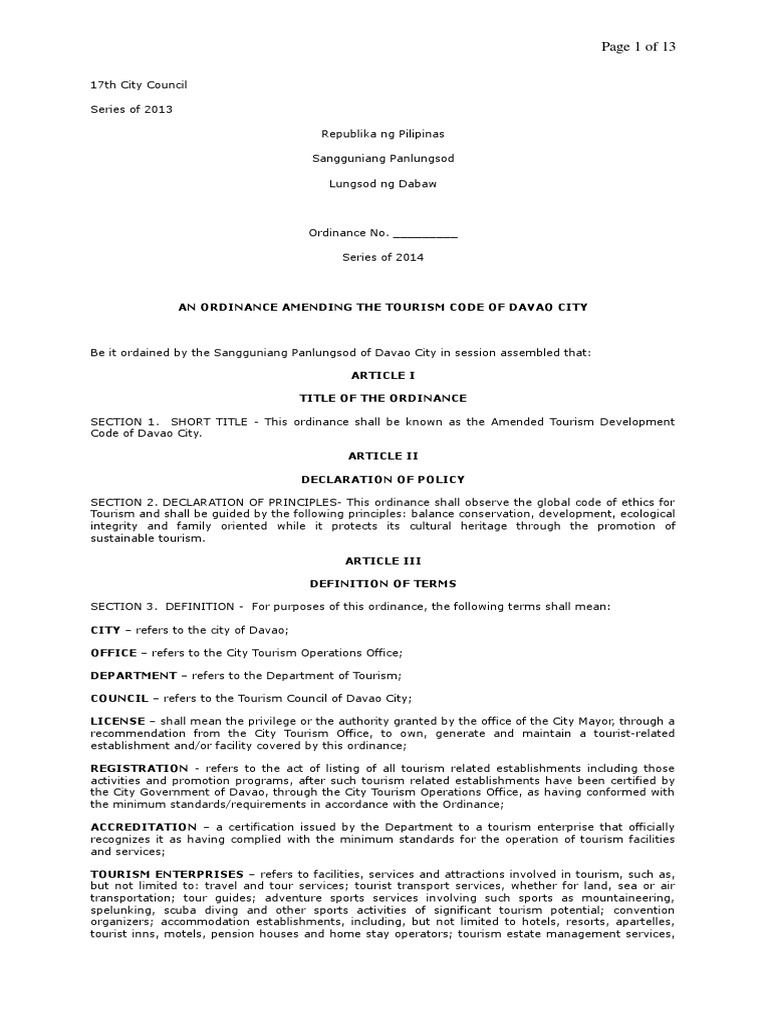 Amended Tourism Code of Davao City | PDF | Spa | Tourism