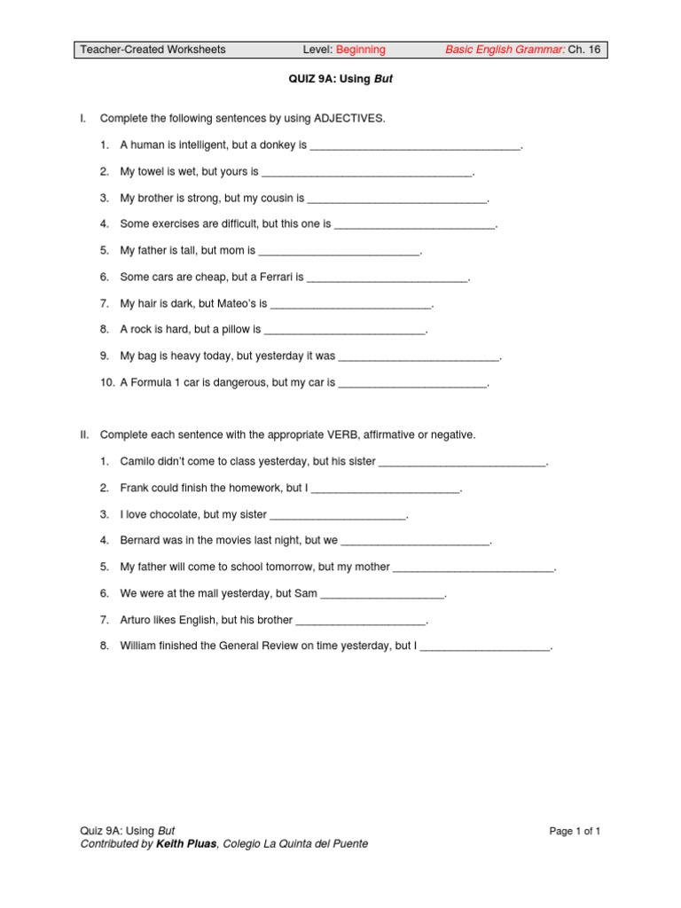 QUIZ 9A: Using But: Beginning | PDF