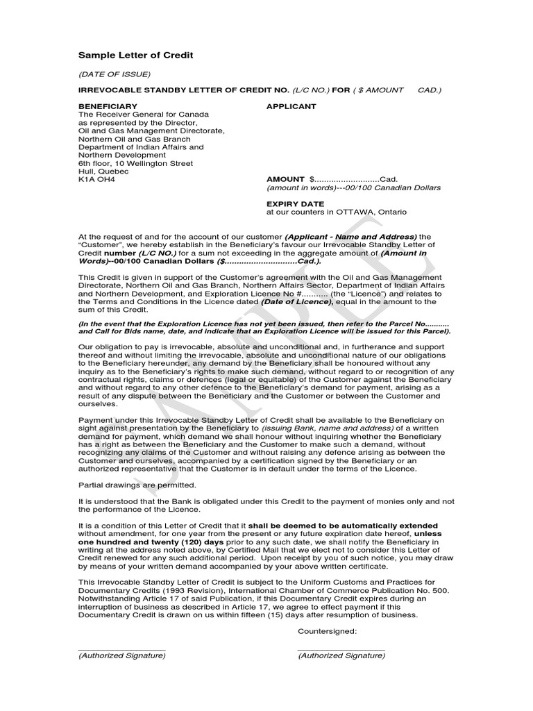 Ini adalah contoh templat Irrevocable Standby Letter of Credit dari Pemerintah Kanada. Dokumen ini memiliki format yang sangat formal dengan kop surat resmi, nomor L/C, serta kolom yang jelas untuk Beneficiary (Penerima) dan Applicant (Pemohon).