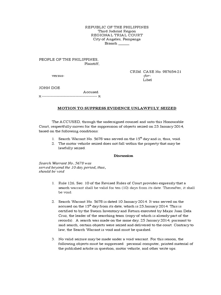 Motion to Suppress Evidence Search And Seizure Prosecutor