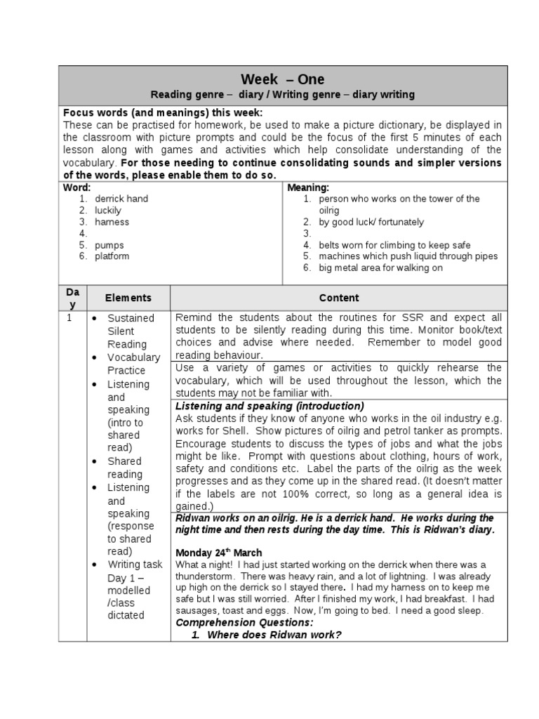 Week One Reading Genre Diary / Writing Genre Diary Writing Focus