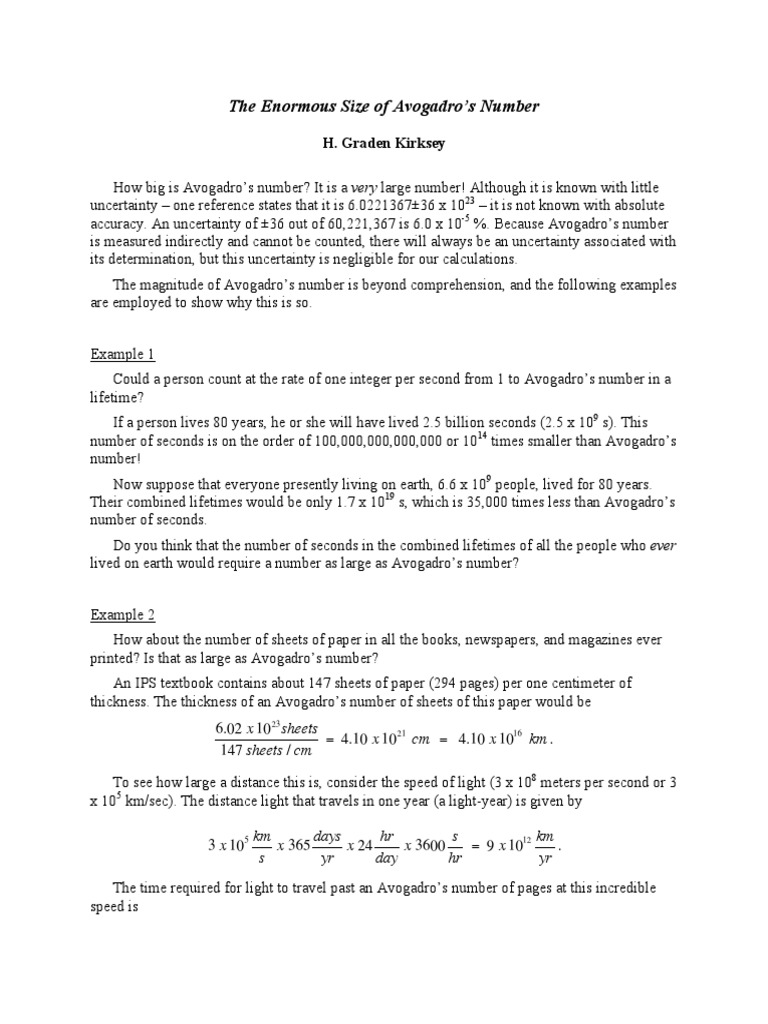 The Enormous Size of Avogadro's Number x10 Sheets Sheets / CM CM 4.10