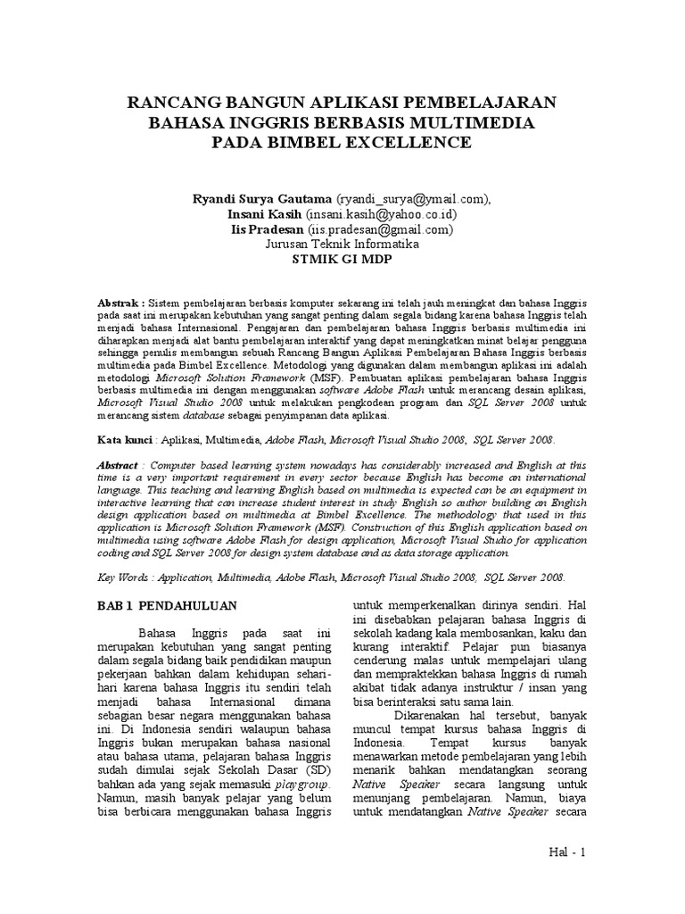 Jurnal Rancang Bangun Aplikasi Pembelajaran Bahasa Inggris Berbasis Multimedia Pada Bimbel Excellence Pdf