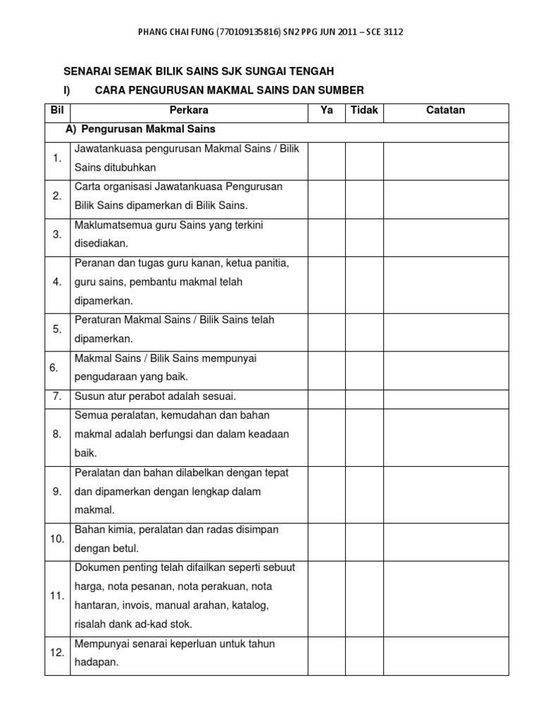 Senarai Semak Makmal Sains | PDF