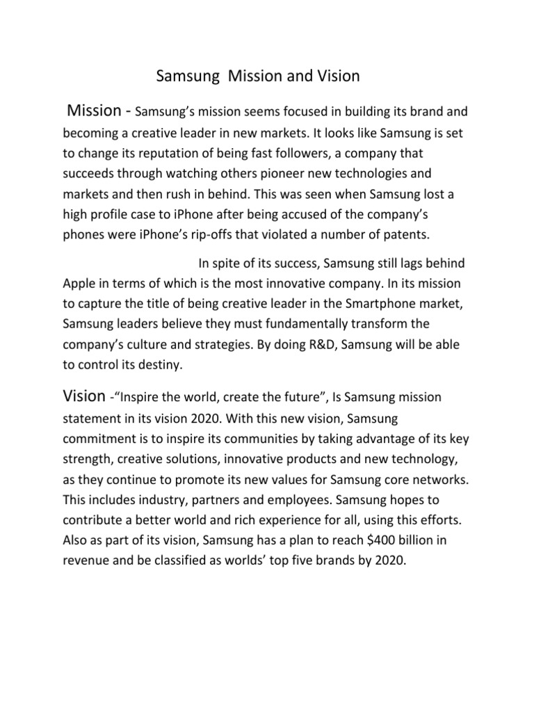 Samsung Mission and Vision Samsung Electronics Smartphone