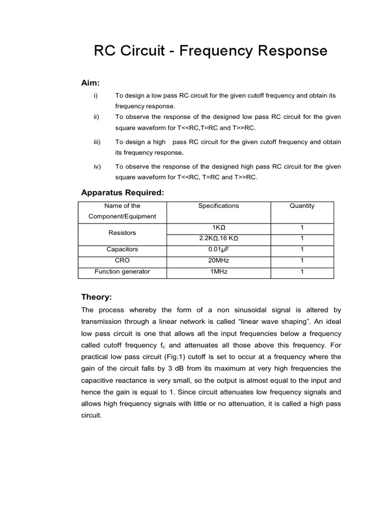 RC Circuit Frequency Response Analysis | PDF | Low Pass Filter ...