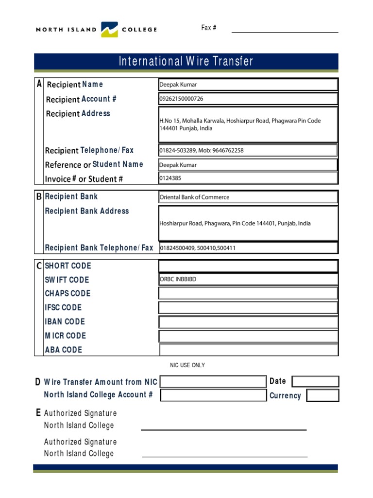 International Wire Transfer Form | PDF | Career & Growth