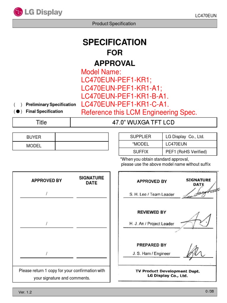 LC470EUN LCD Panel Specifications | PDF | Electromagnetic Interference ...