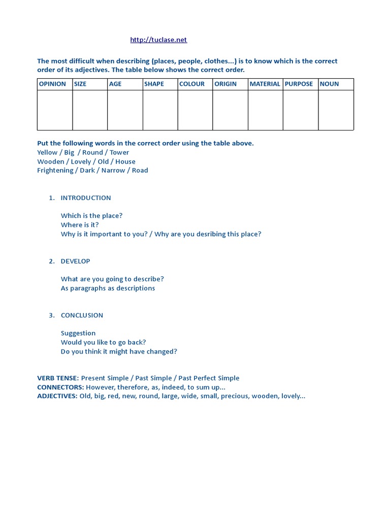 Adjective Order Guide for Descriptions | PDF | Language Arts ...