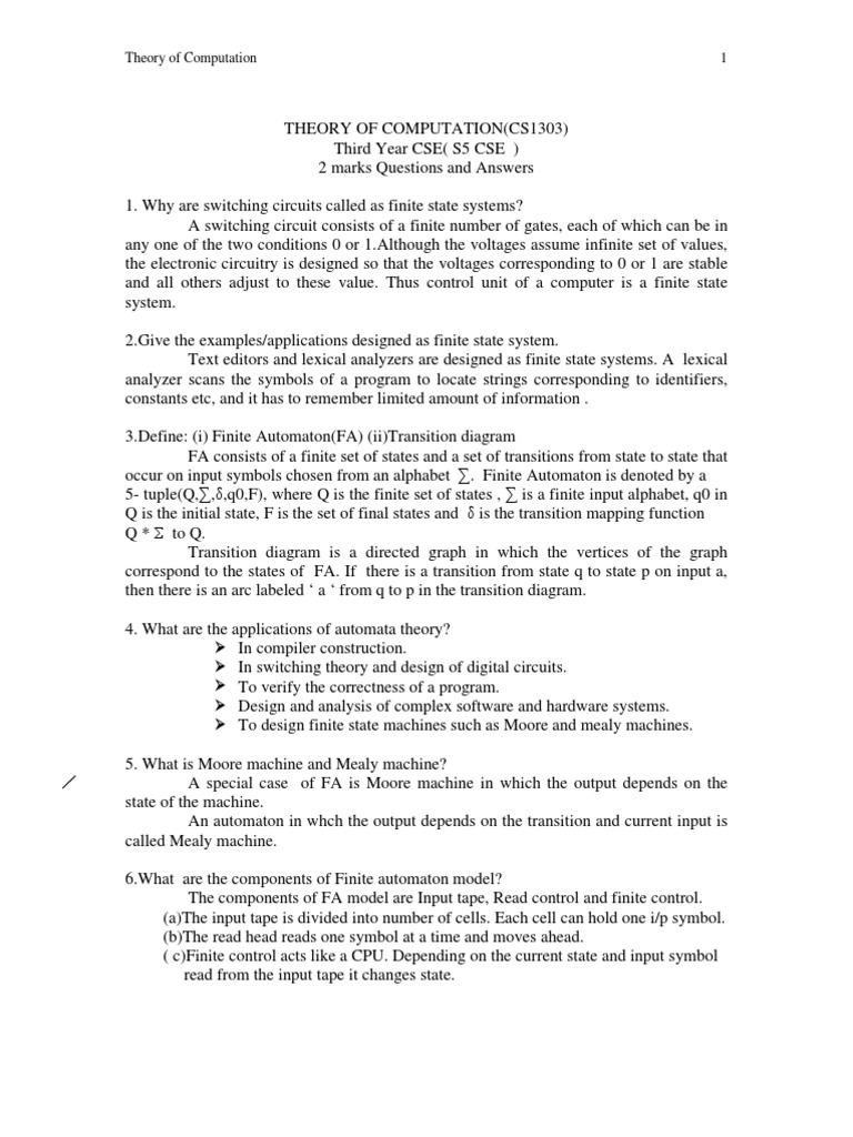 Theory of Computation Q&A Guide | PDF | Regular Expression | Discrete ...
