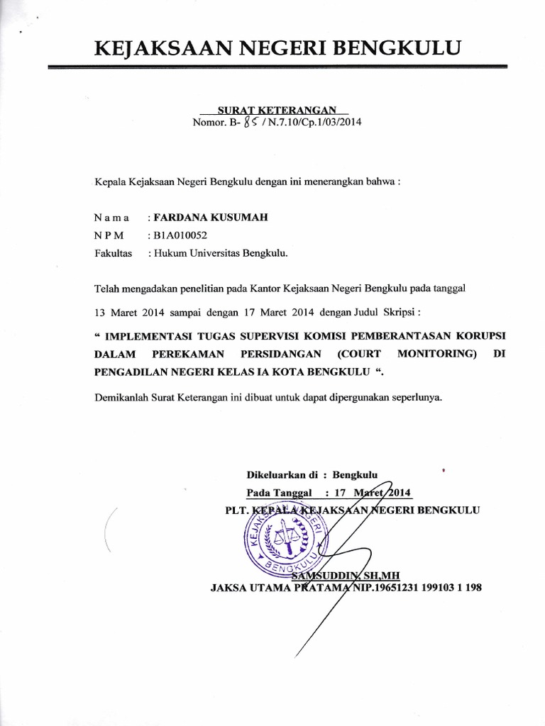 Surat Keterangan Penelitian Dari Kejari Pdf