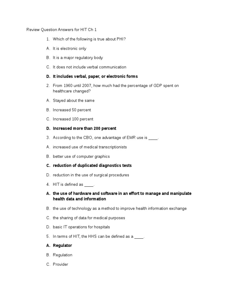Review Question Answers For HIT CH 1 | PDF | Health Insurance ...