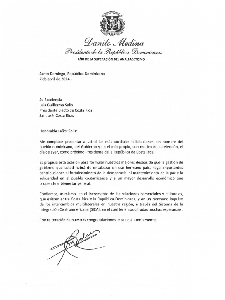Carta de Felicitación A Presidente Electo Luis Guillermo Solís  PDF