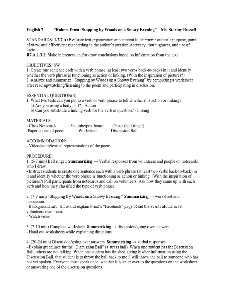 worksheet Summarizing Worksheet english 7 robert frost stopping by woods on a snowy evening phrase verb