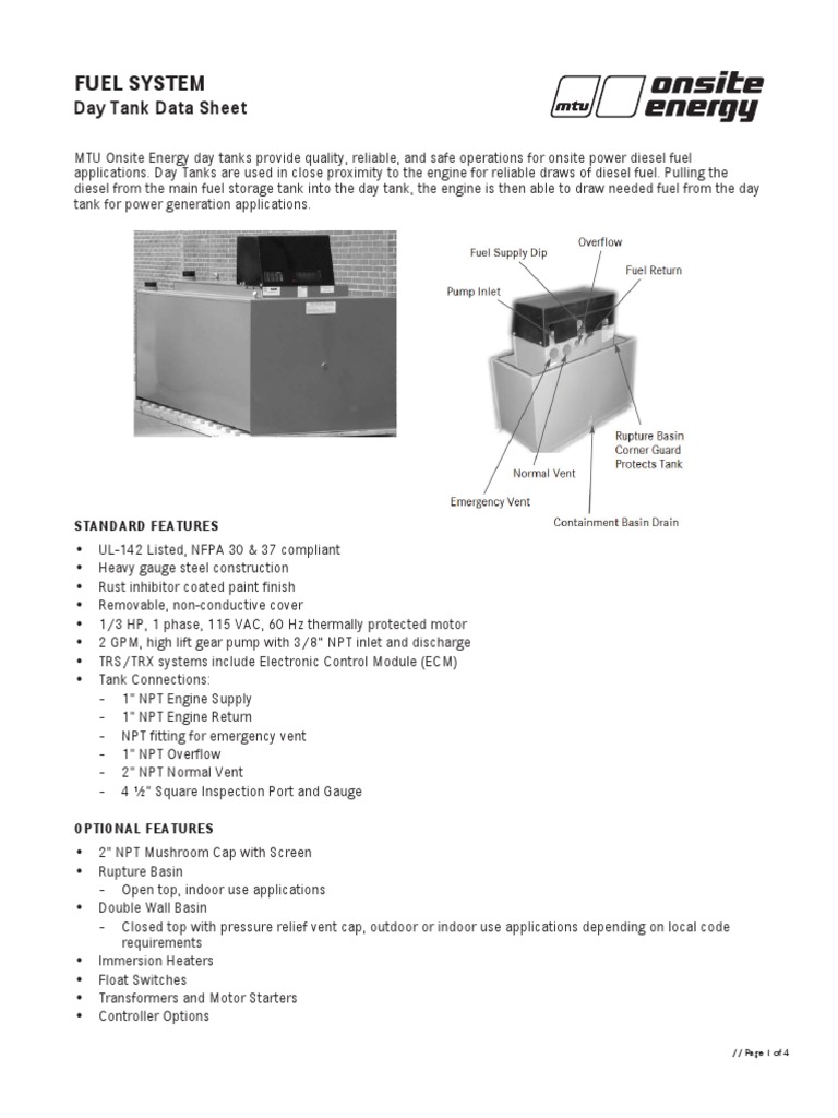 Day Tank Fuel System Data Sheet PDF Diesel Engine Engines
