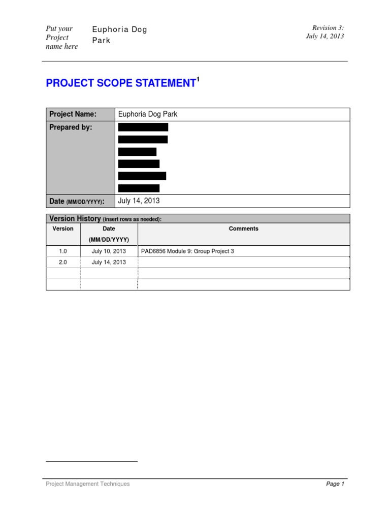 Euphoria Dog Park Scope Statement | PDF | Procurement | Project Management