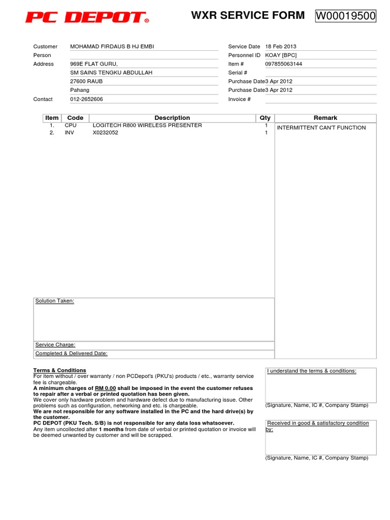WXR Service Form for Hardware Issues | PDF