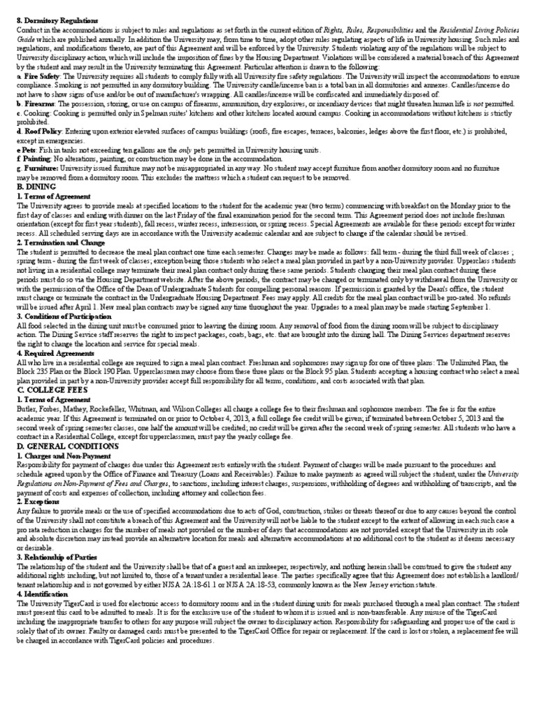Dining Hall Regulations in Housing Contract | PDF
