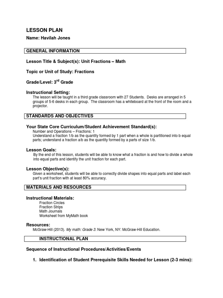 3rd Grade Unit Fractions Lesson Plan | PDF | Fraction (Mathematics ...