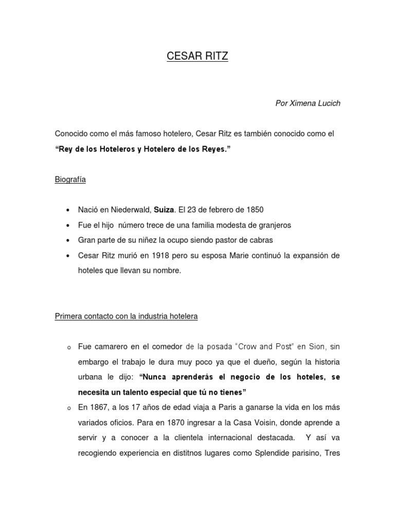 Cesar Ritz - Ximena Lucich | PDF | Hotel | Empresas de hostelería