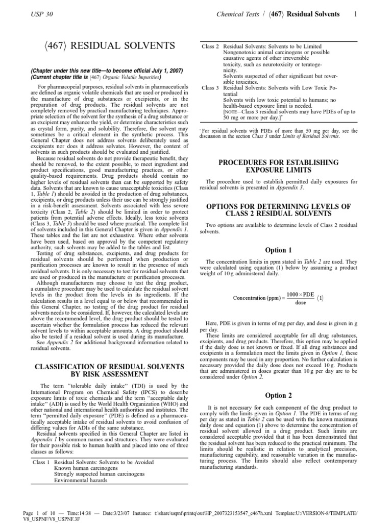 Residual Solvents USP 467 PDF Solvent Gas Chromatography