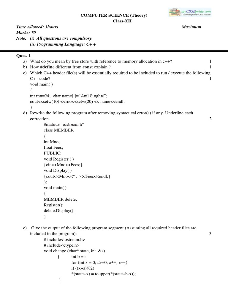 CBSE Class 12 Computer Science Sample Paper-02 (For 2014) | PDF