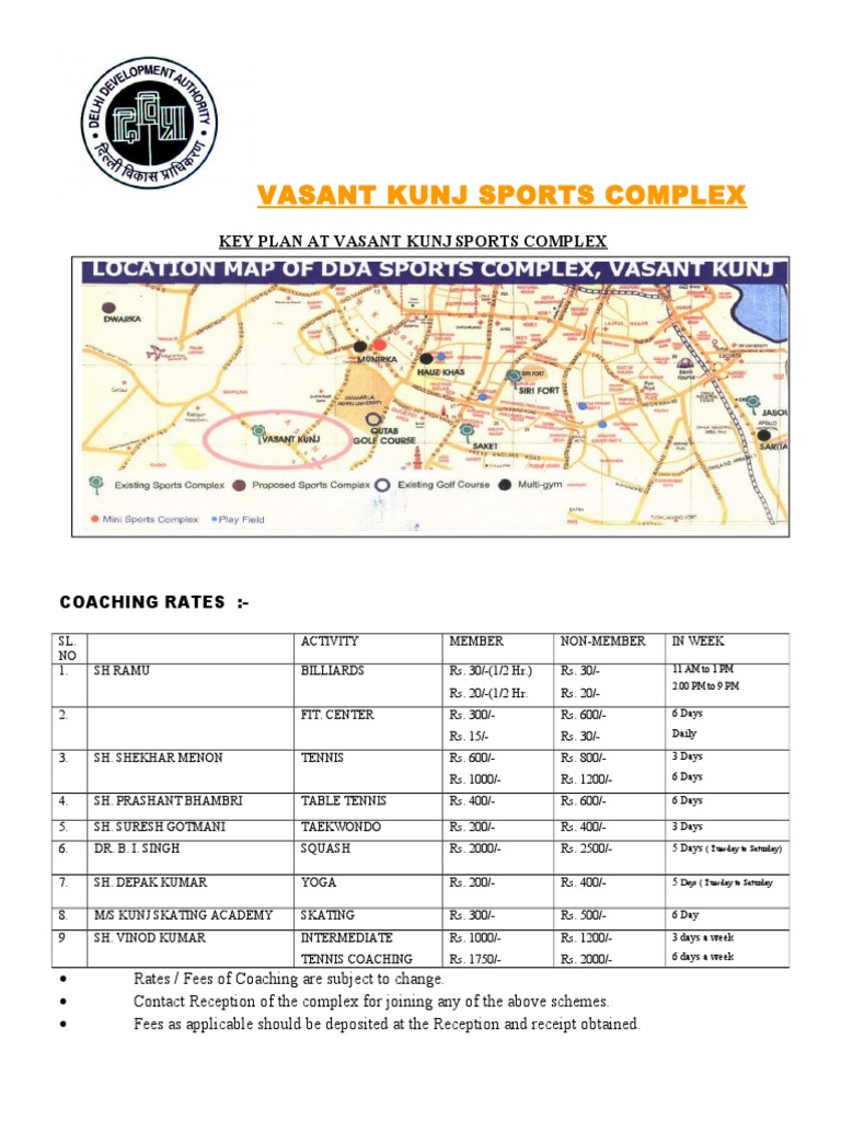 Key Plan and Coaching Rates at Vasant Kunj Sports Complex PDF Fee