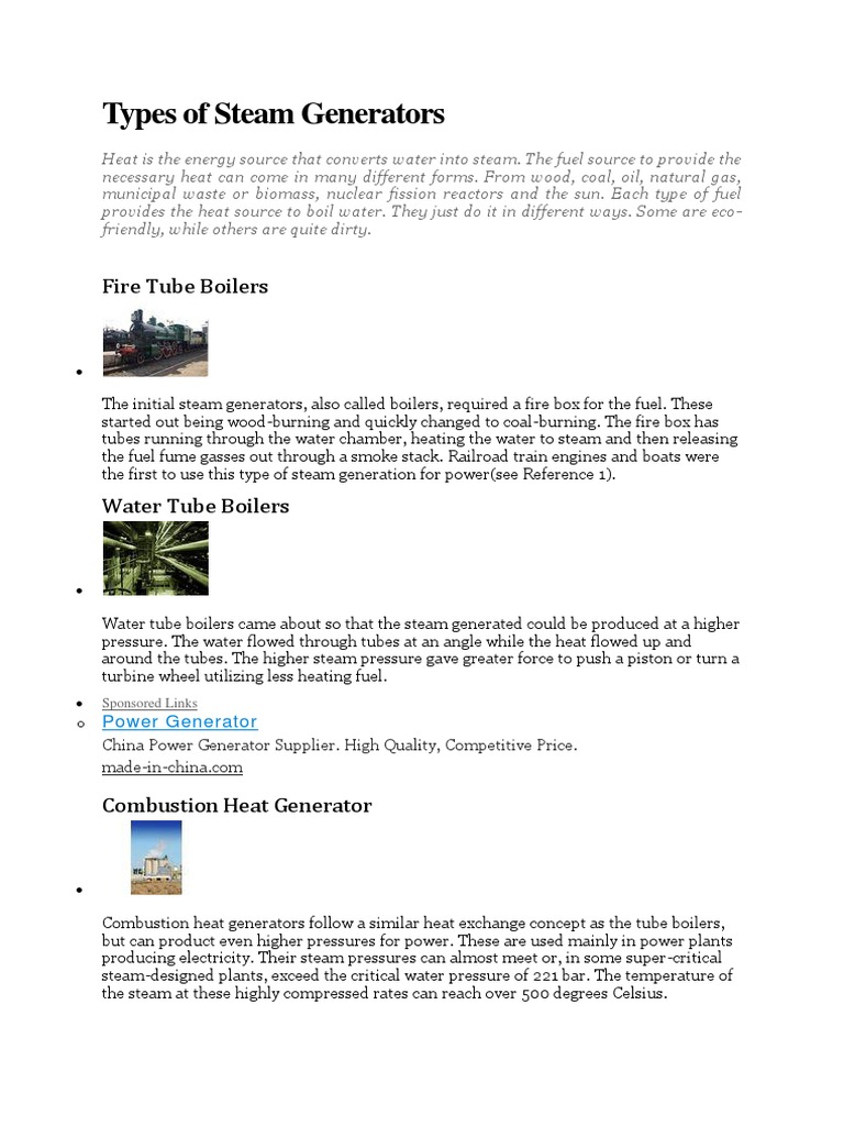 Types of Steam Generators PDF Boiler Steam