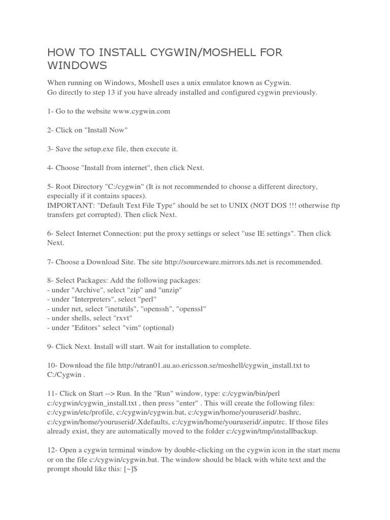 Cygwin and Moshell Installation Guide | PDF | Zip (File Format ...