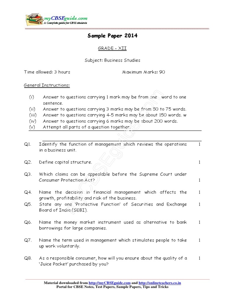 CBSE Class 12 Business Studies Sample Paper04 (for 2014) Business