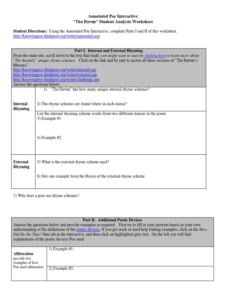 The Raven - Student Analysis Worksheet | PDF