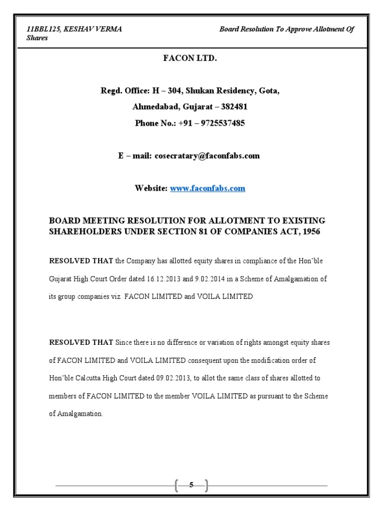 Board Resolution To Approve Allotment of Shares | PDF | Government ...