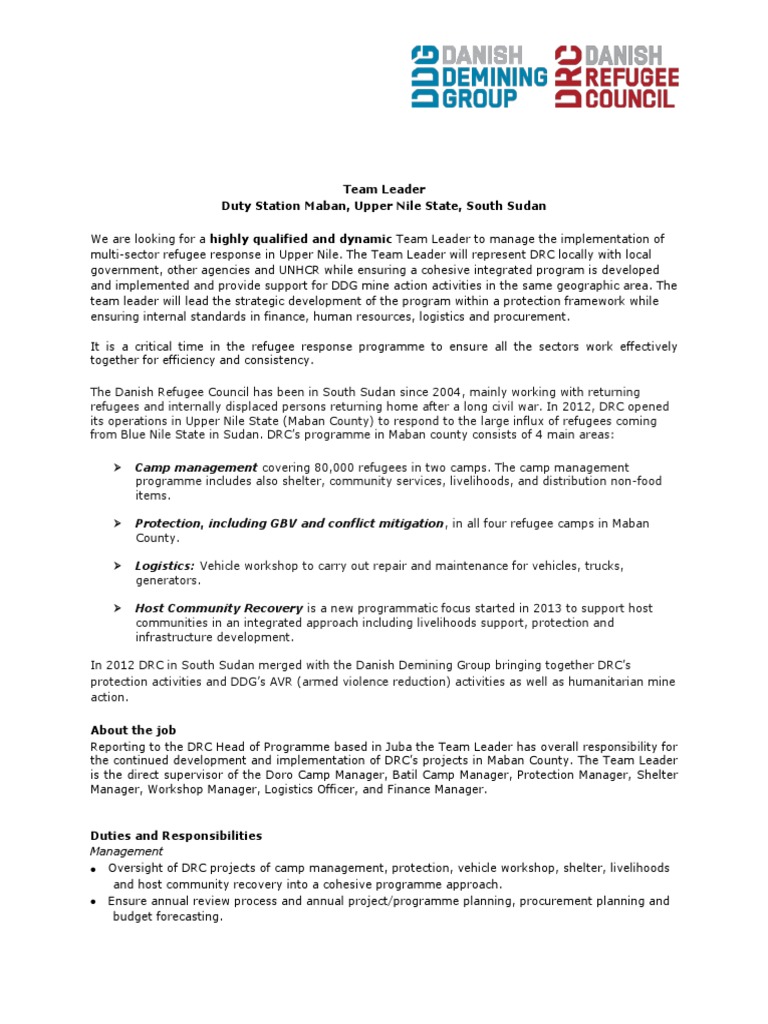 DRC South Sudan Team Leader Job Posting | PDF | Refugee