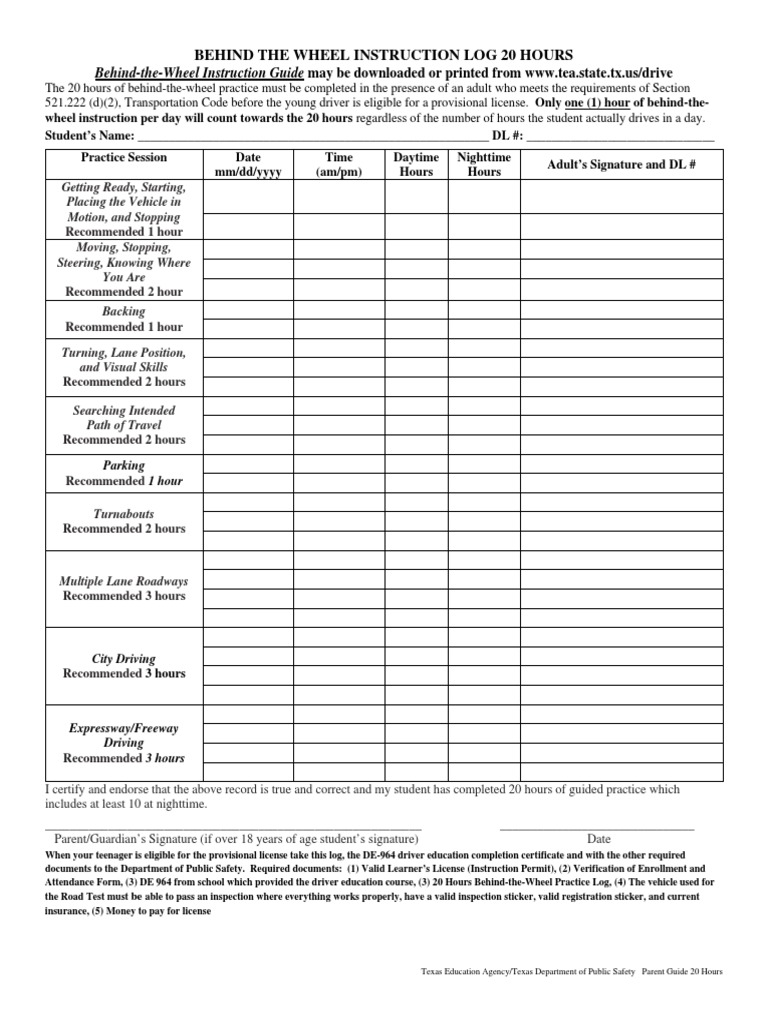 20hrdrivers Ed Parent Driving Log DPS | PDF