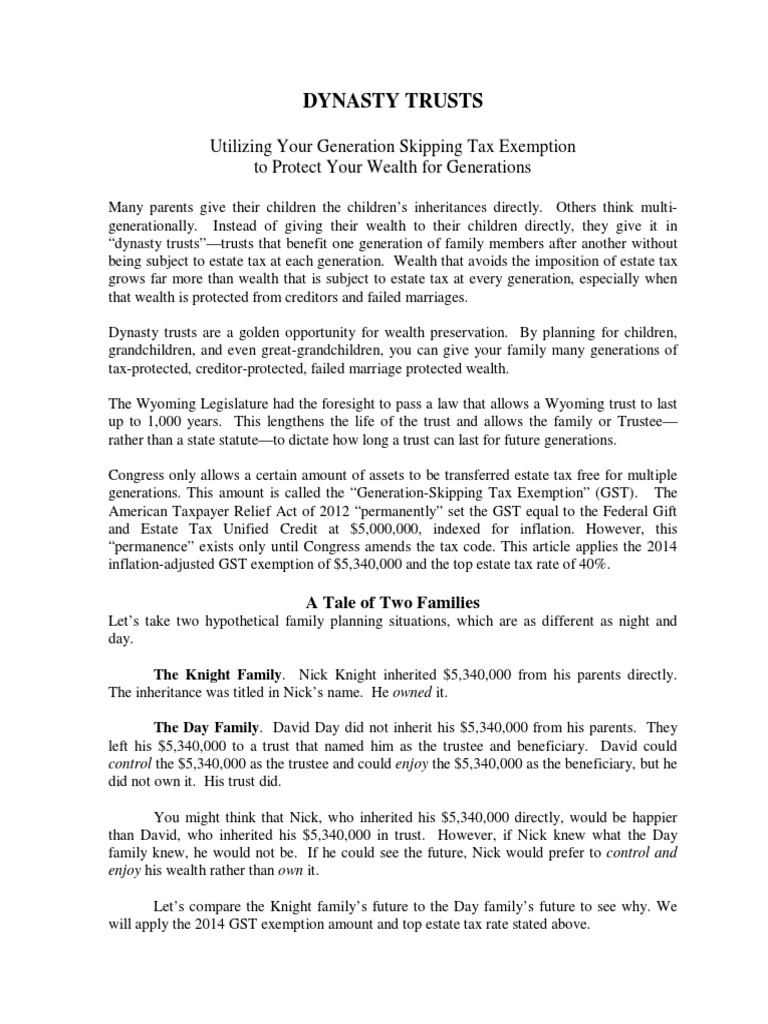 Wyoming Dynasty Trusts Estate Tax In The United States Trust Law