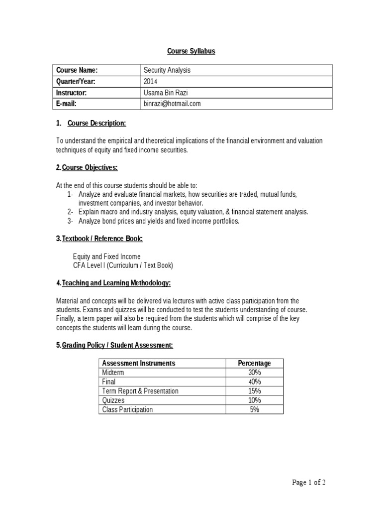 Security Analysis Course Syllabus | PDF