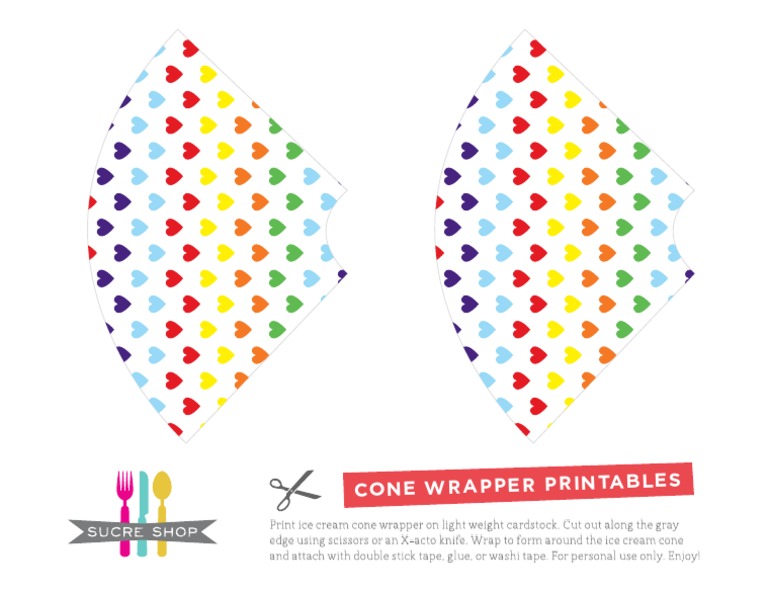 Download Rainbow Hearts Ice Cream Cone Wrapper - Free Printable