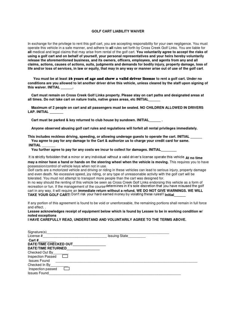 Golf Cart Liability Waiver Form | PDF | Lease | Vehicles
