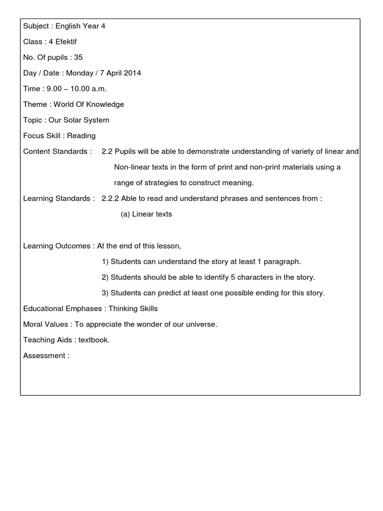 Daily Lesson Plan English Kssr Year 4 Reading Process