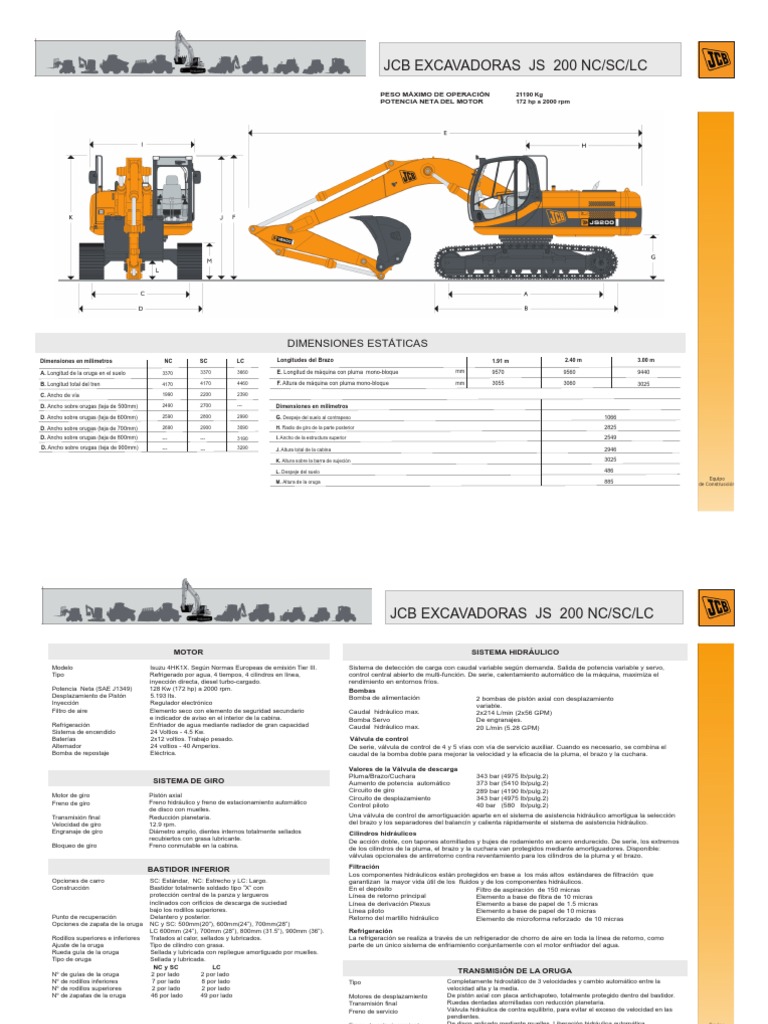 JCB Excavadora JS 200: Especificaciones | PDF | Transmisión (Mecánica ...